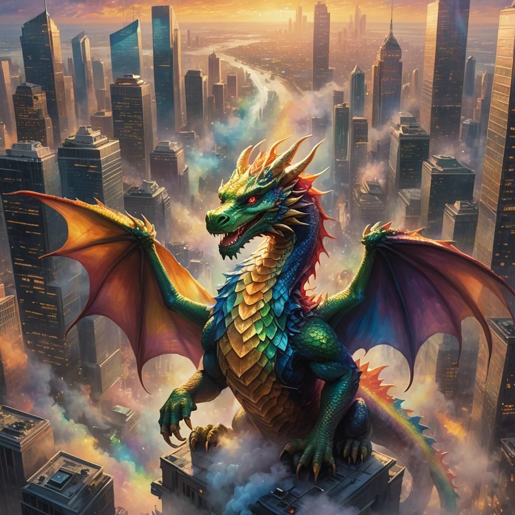 Rainbow Dragon Soaring Over City in Oil Painting Style