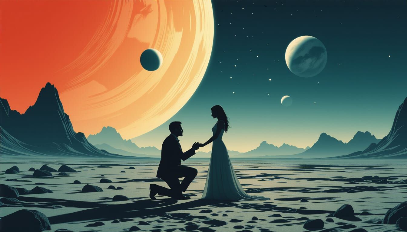 Man Proposes on Alien Planet Under Starry Sky