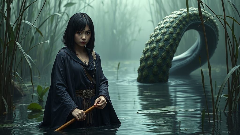 Sorceress in Marsh with Emerging Tentacle, Dark Fantasy