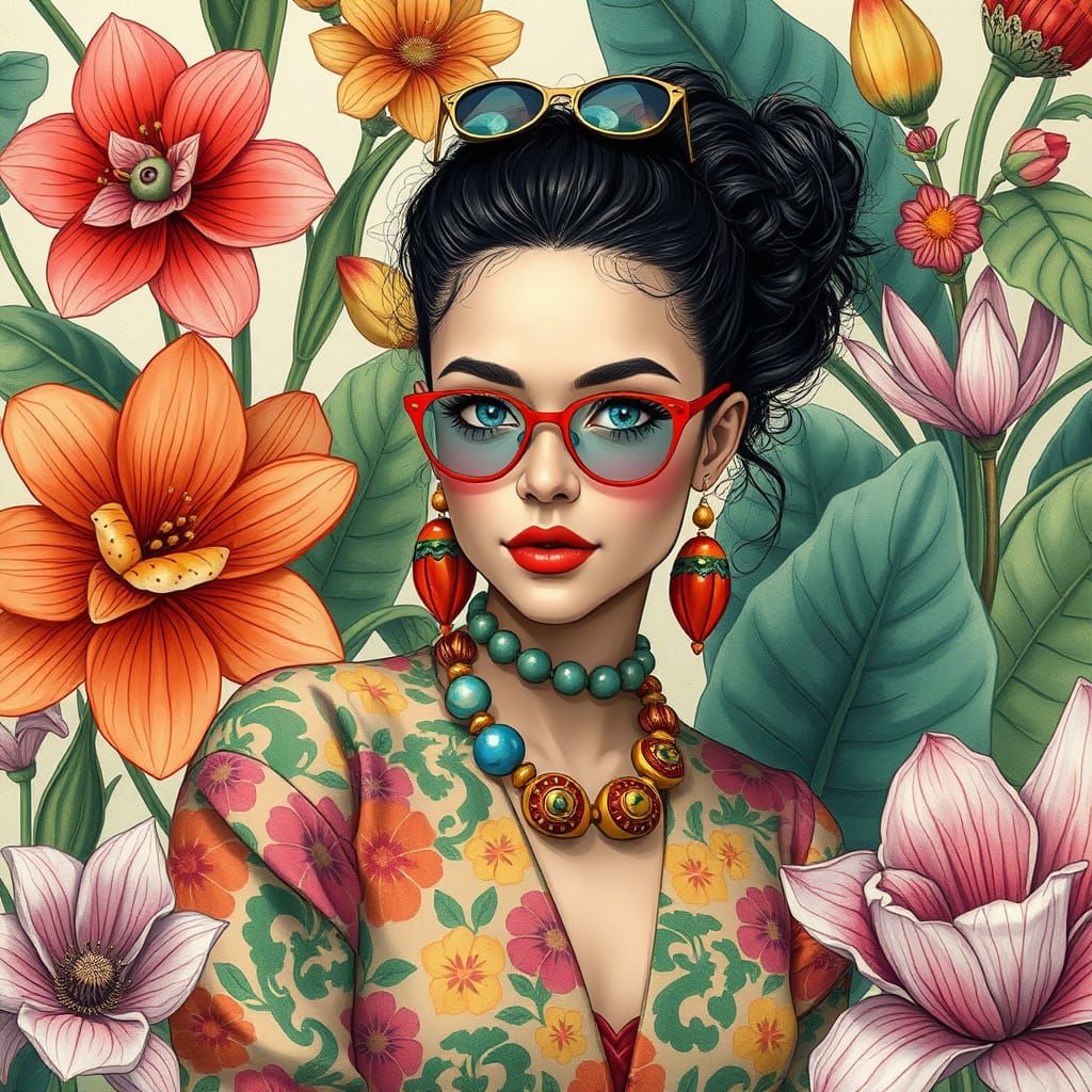 Whimsical Portrait of a Woman in Vibrant Floral Surroundings...