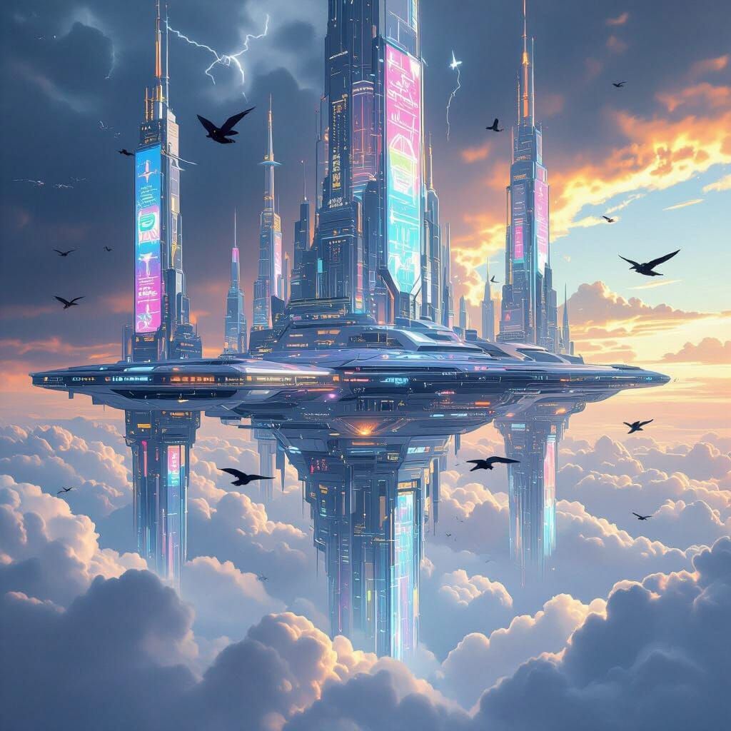 Futuristic City Floating Above Clouds in Sci-Fi Surrealism