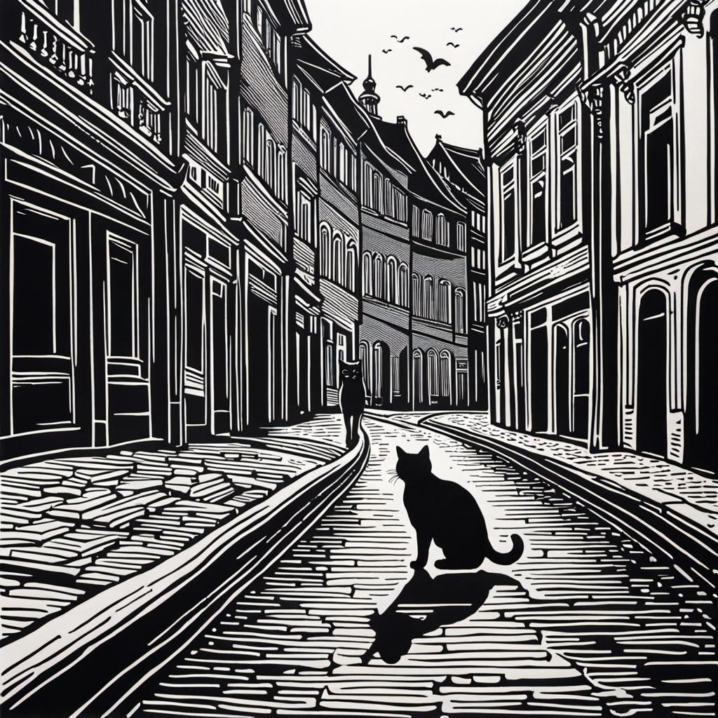 Black Cat Walking Through Vienna: Linocut Print