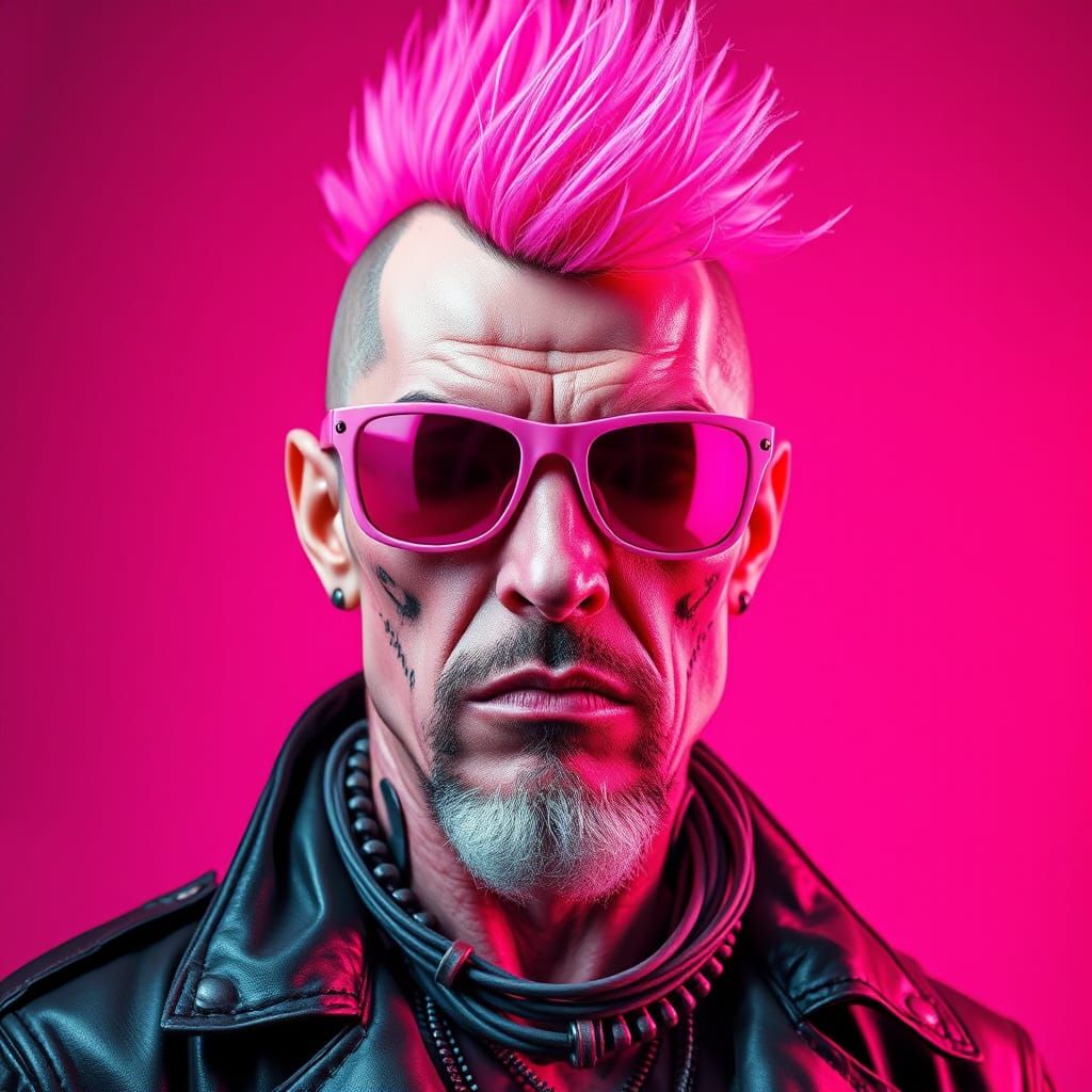 Portrait of a punk with a bright pink spiky mohawk