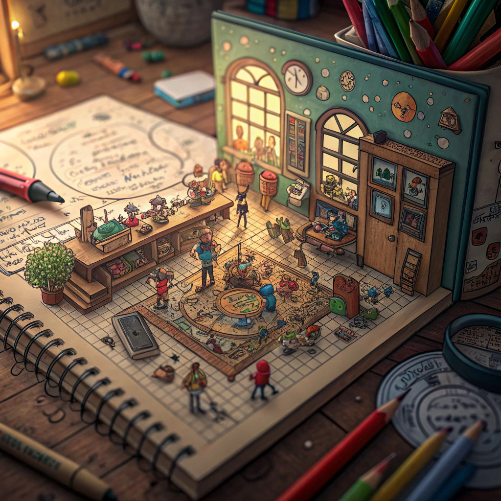 Hyperrealistic Classroom Doodle Scene with Tiny Worlds