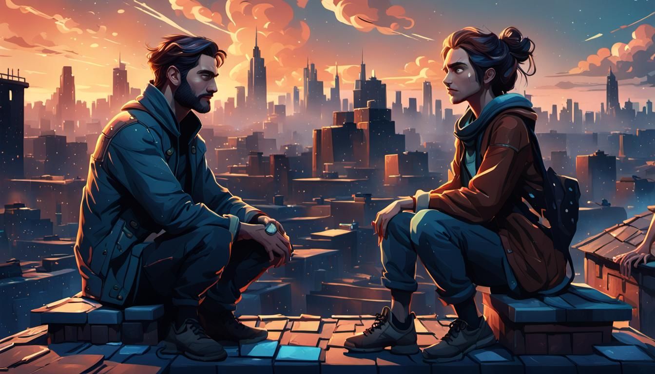 Arcane-Style Rooftop Scene with Stylized Textures