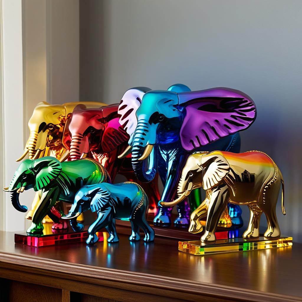 Painted Elephant Statuettes on a Shelf