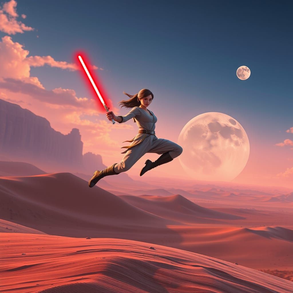 Jedi Leaps on Tatooine Under Twin Moons: Anime Style