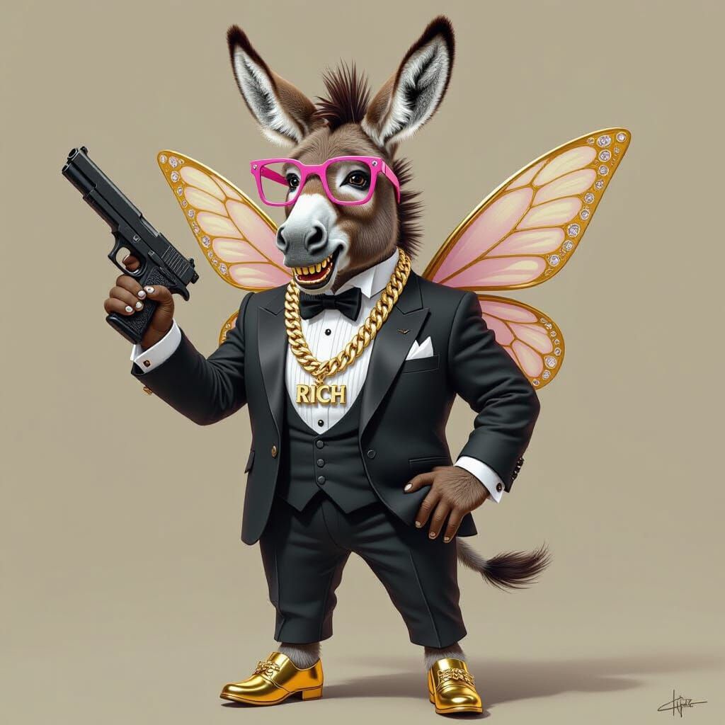 Donkey in Tuxedo with Gold Chain and Fairy Wings