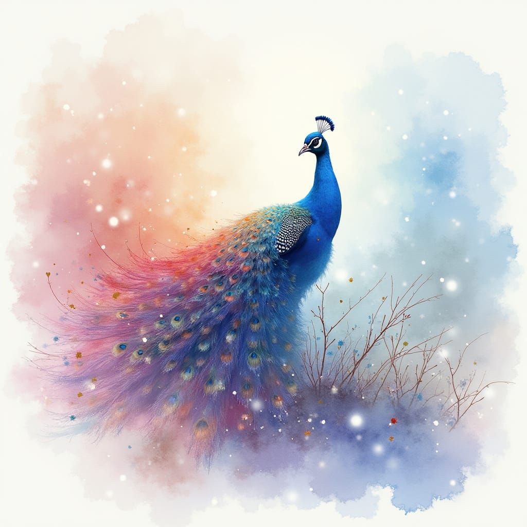 Dreamlike Watercolor Peacock in Pastel Winter Palette