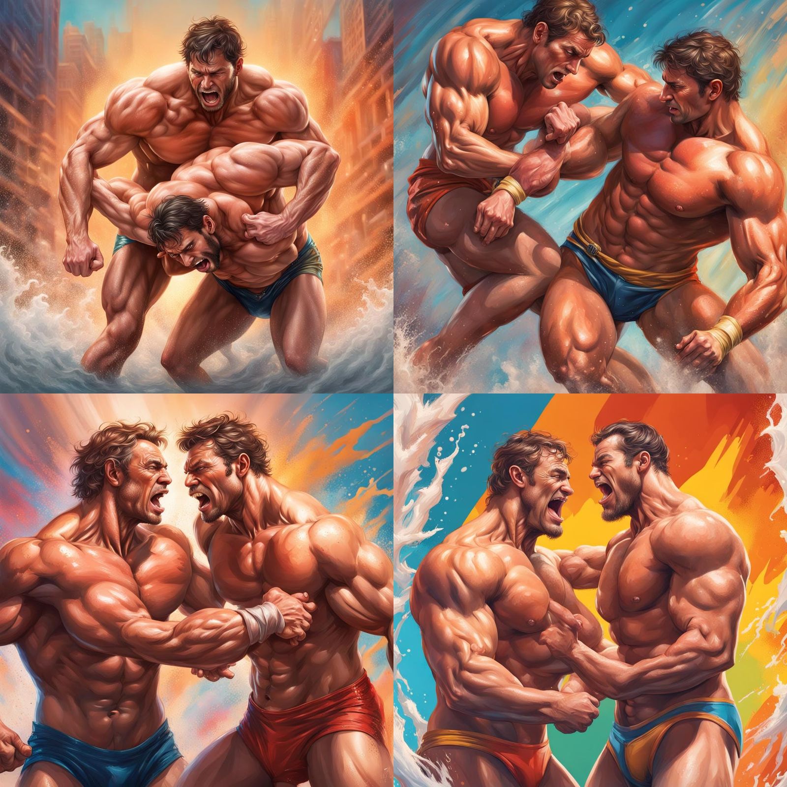 Hyperrealistic Muscle Men Wrestling in Speedos