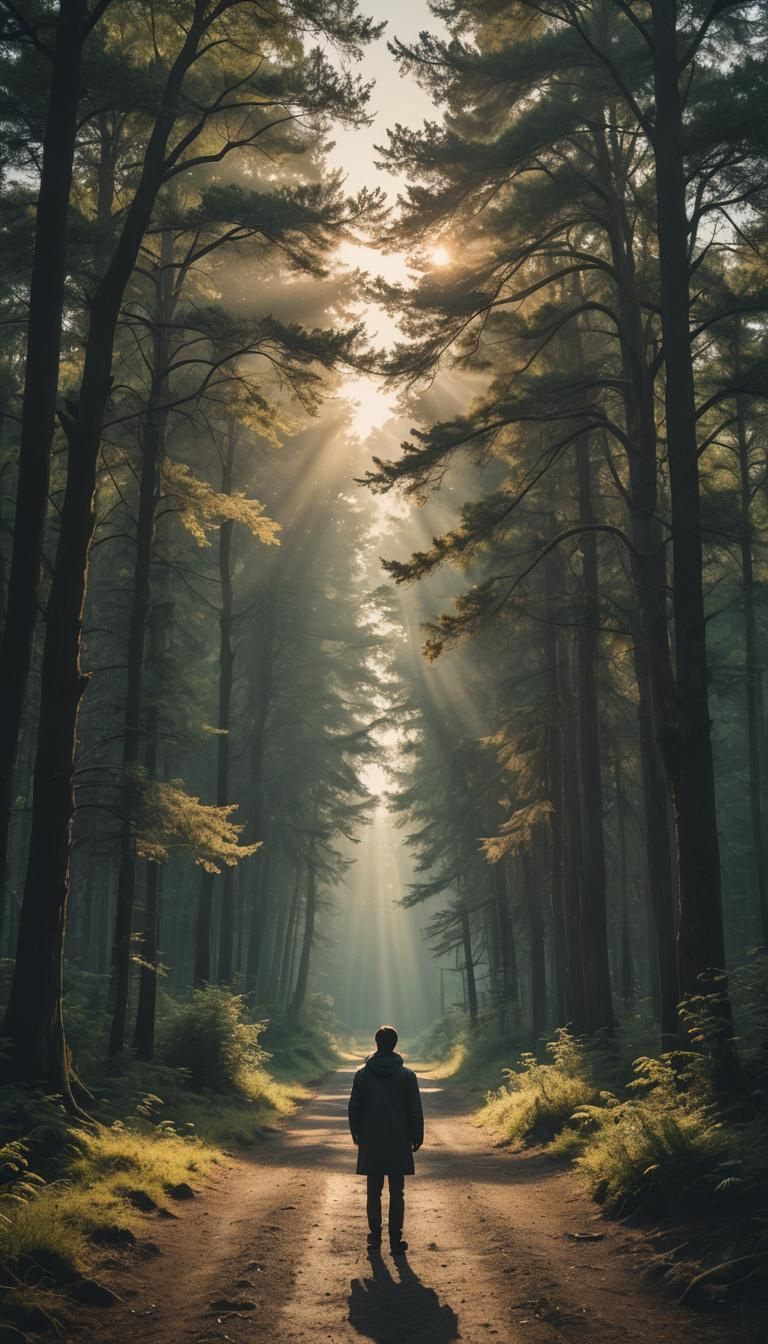 Crossroads: Sunny Path or Forest in Cinematic Style