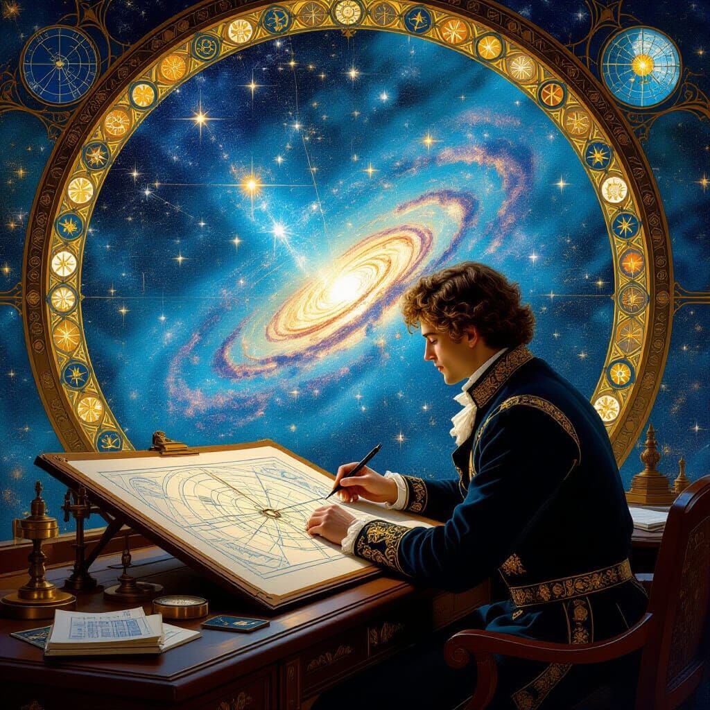 Celestial Cartographer Mapping Stars in Baroque Digital Art