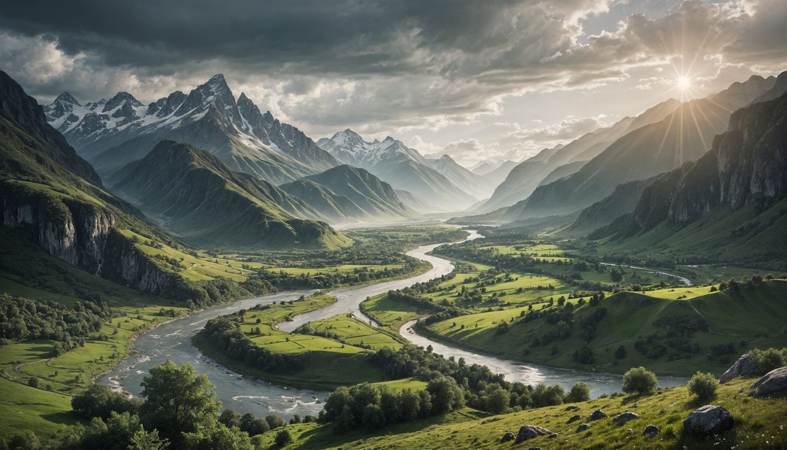 Photorealistic Spring Mountain Valley River Landscape