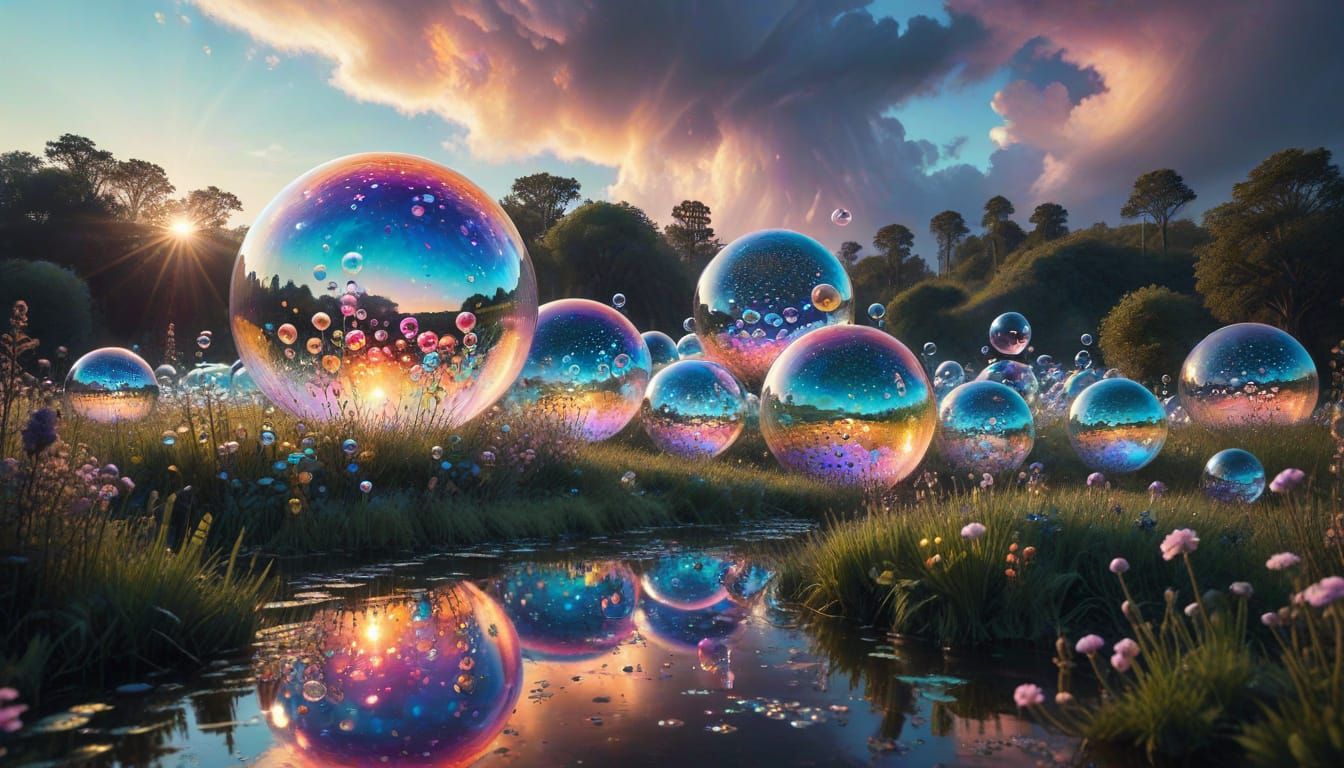 Iridescent Bubbles Reflecting Landscapes in Dreamy Field