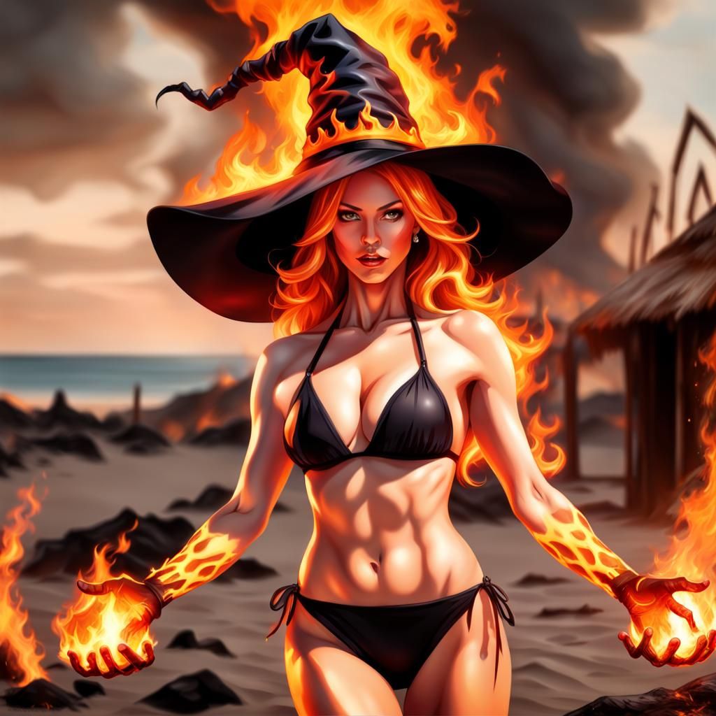 Photorealistic Hot Witch in Inferno with Flaming Hands