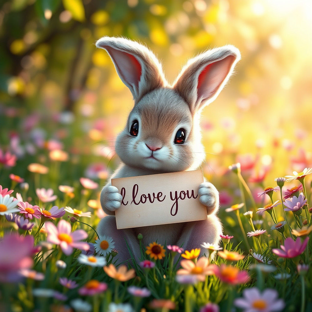 Adorable Bunny in Meadow with 'I Love You' Sign