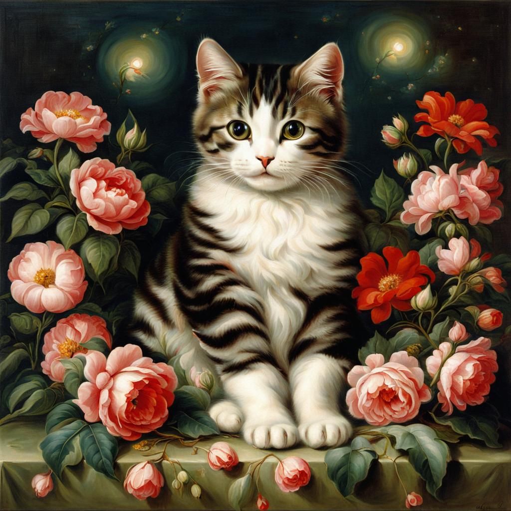 Cute Cat Portrait in Baroque Style With Flowers