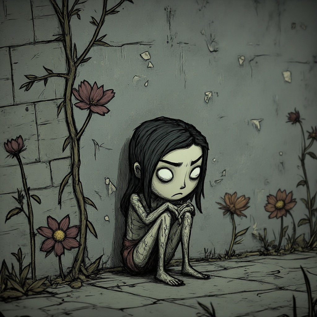 Sapphire Skinned Woman in Despair, Faded Flowers