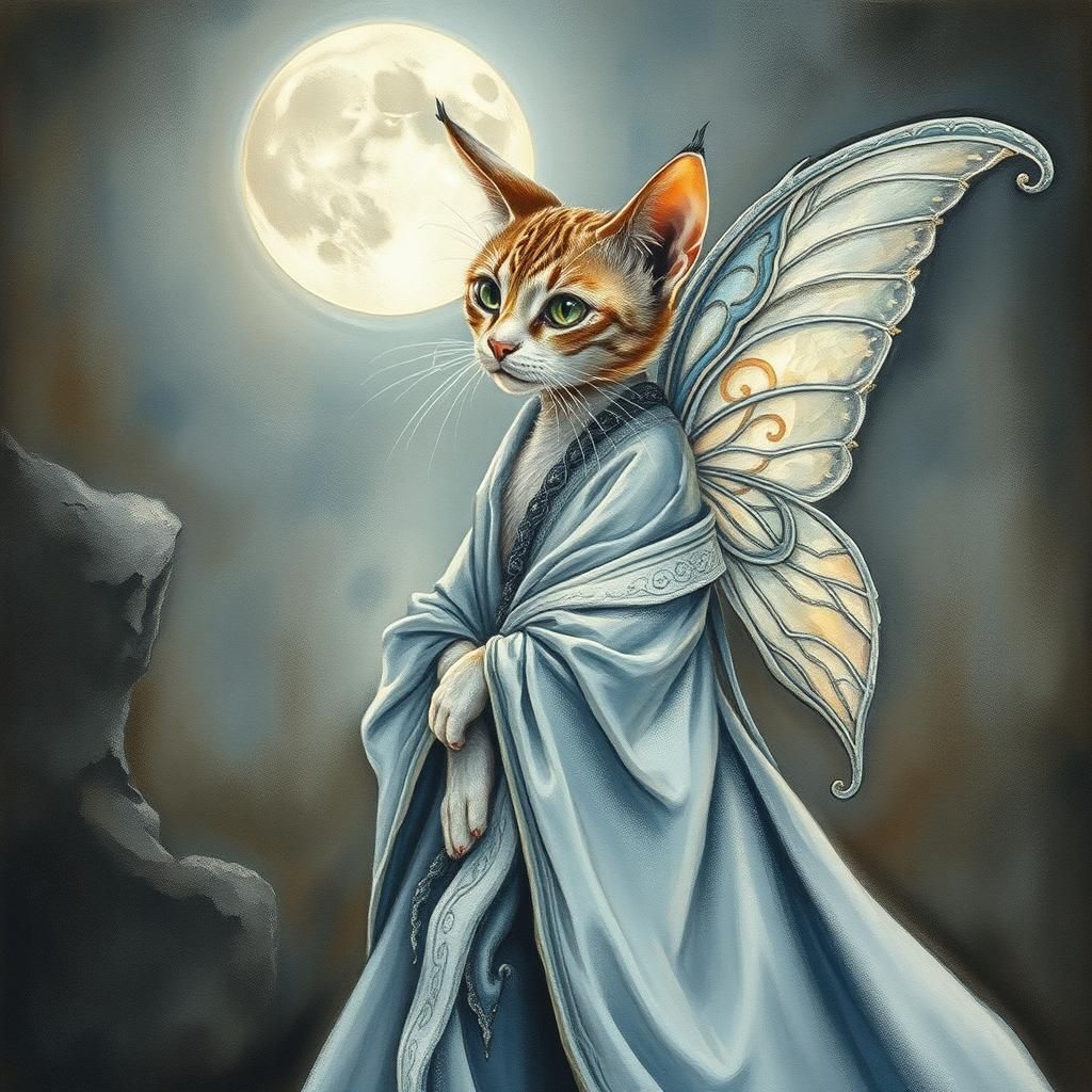 Watercolor Fairy Elf Cat with Silver Robes