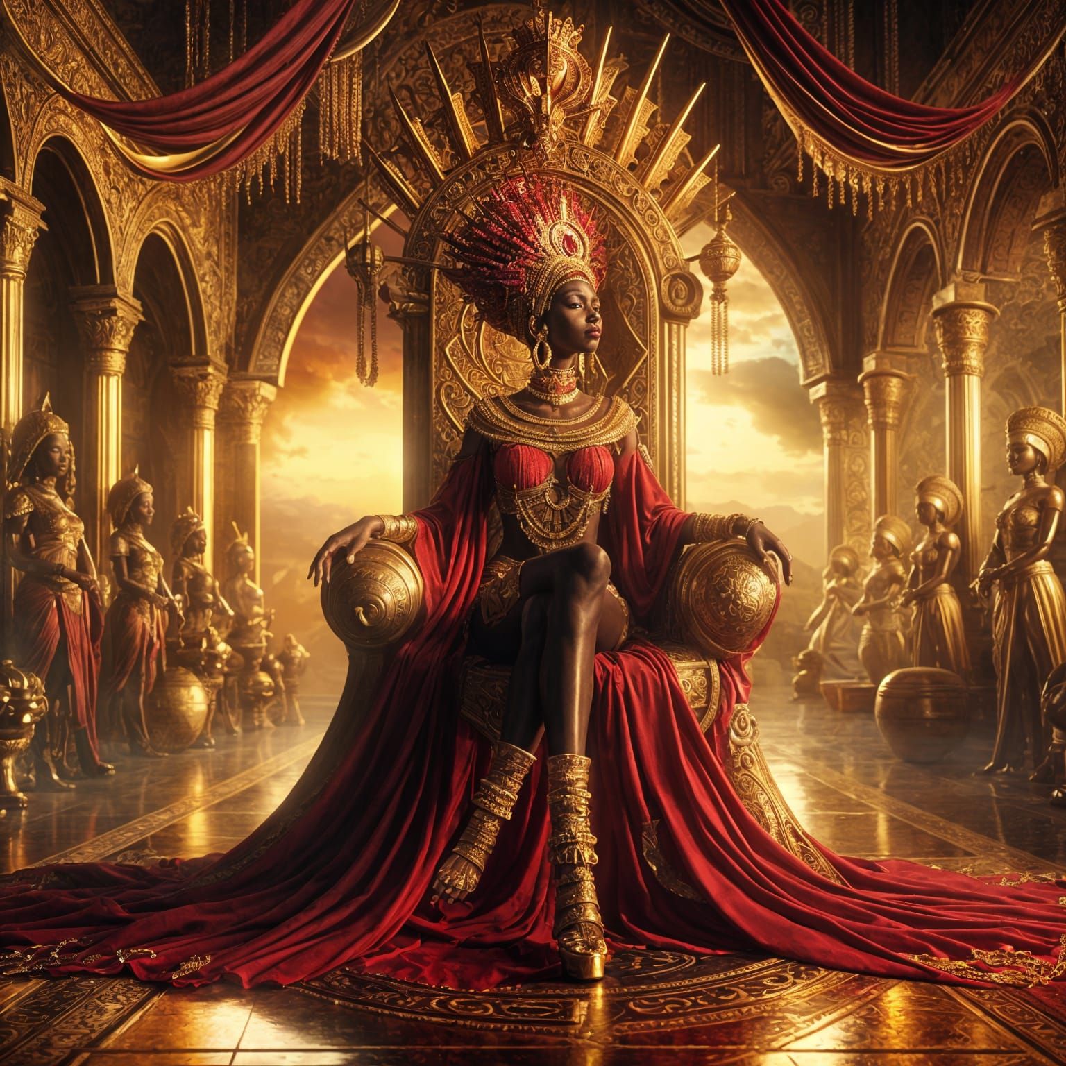 African Queen on Golden Throne: Matte Painting in 8K