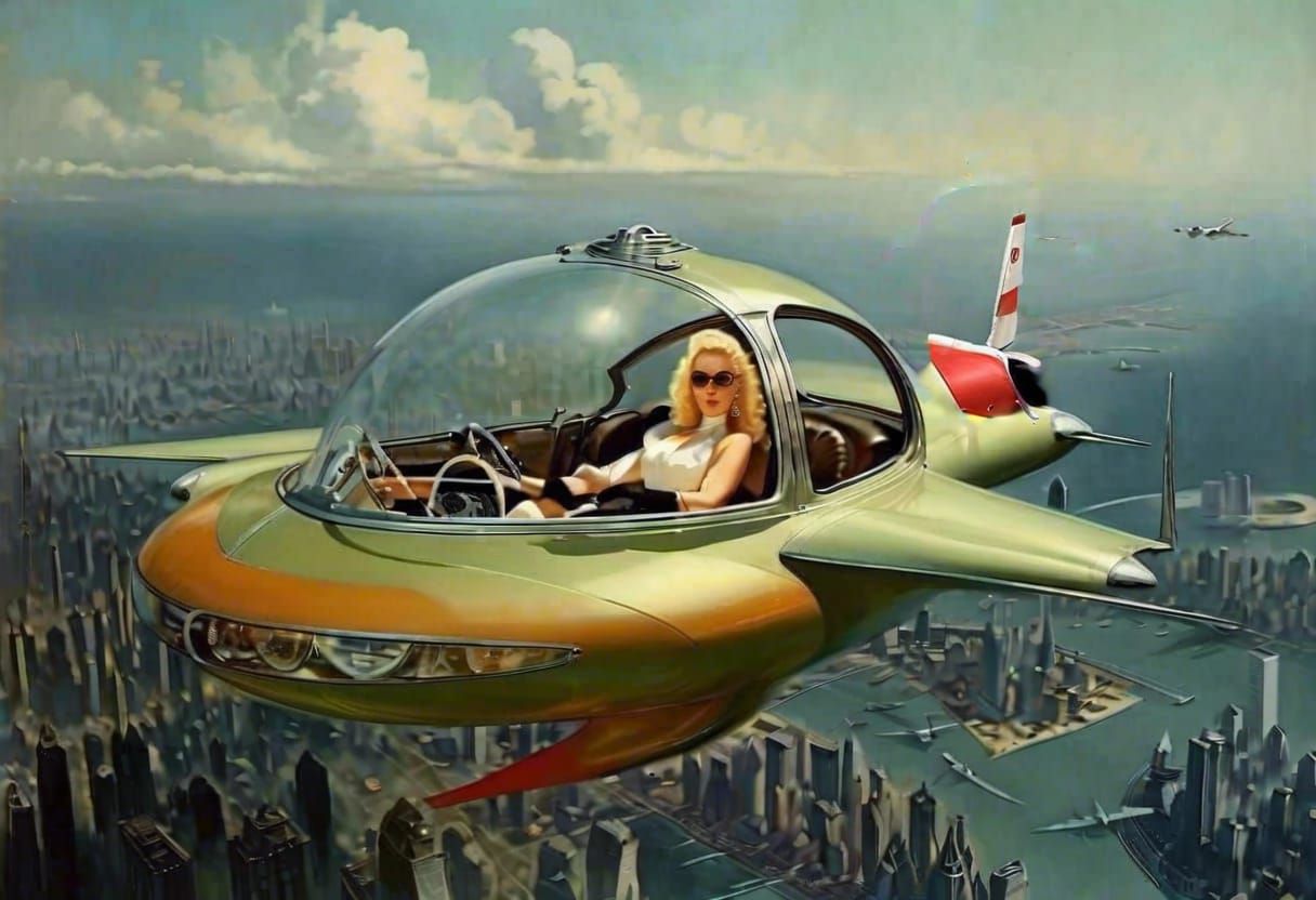 <lora:D3 gil elvgren pulp art. Beautiful blonde piloting her retro-futuristic flying car through a cityscape full of sky...