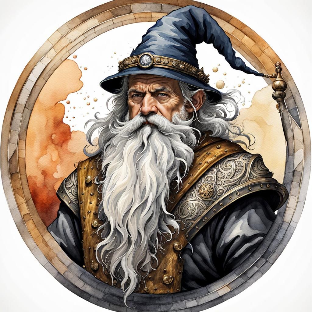 Detailed Dwarf Wizard Illustration in Watercolor Line Art