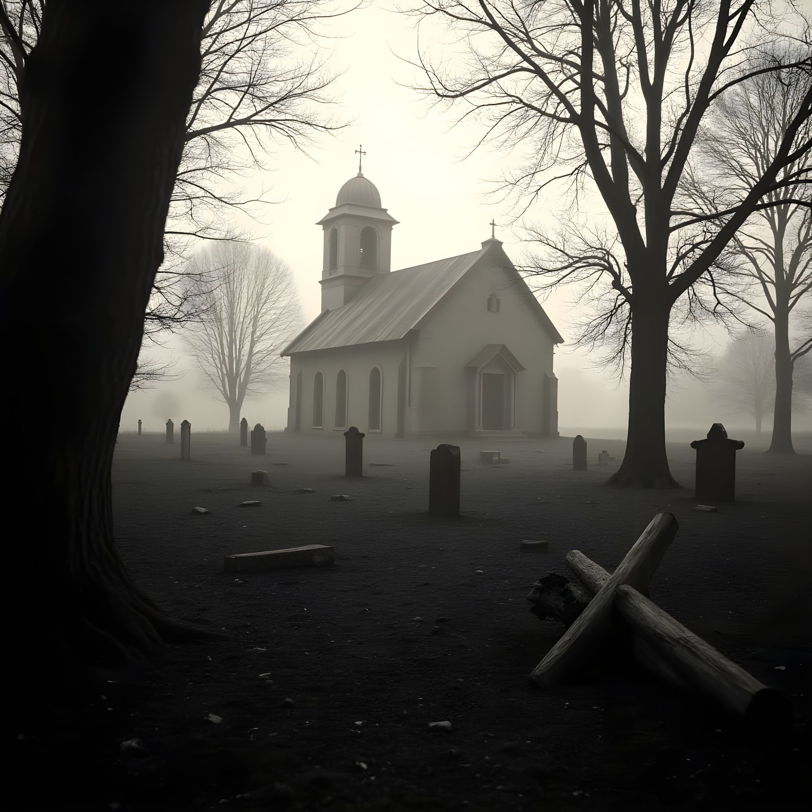 Misty Graveyard Scene with Old Church in Grayscale