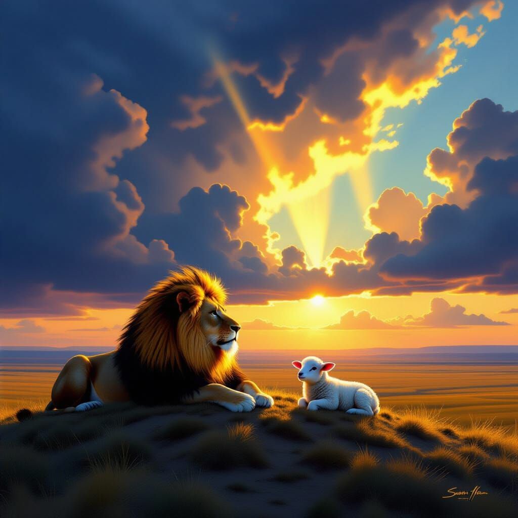 Lion and Lamb in Twilight, Hyperrealistic Style