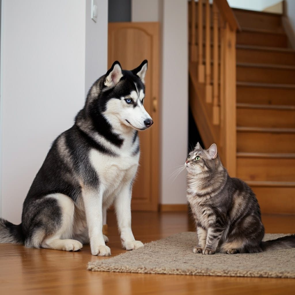 Regal Husky and Adoring Maine Kitty