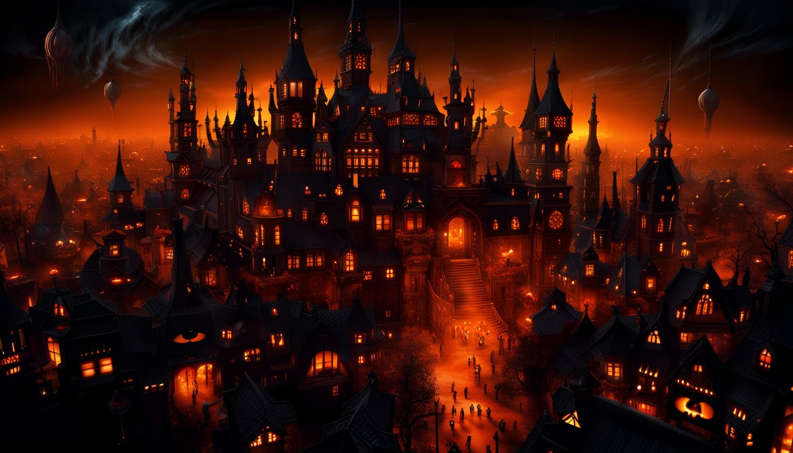 Spooky Halloween City with Glowing Atmosphere