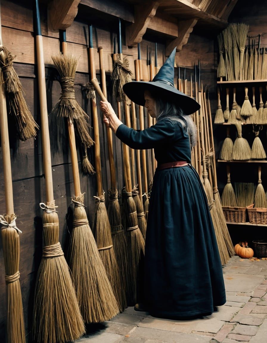 Witch Assembling Magical Brooms in Store
