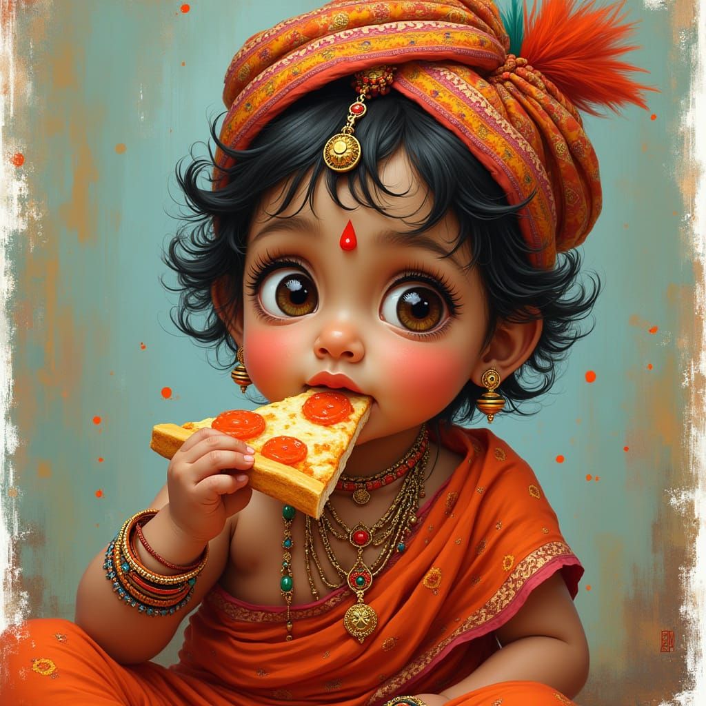 Hindu Baby Eating Pizza in Playful Digital Art