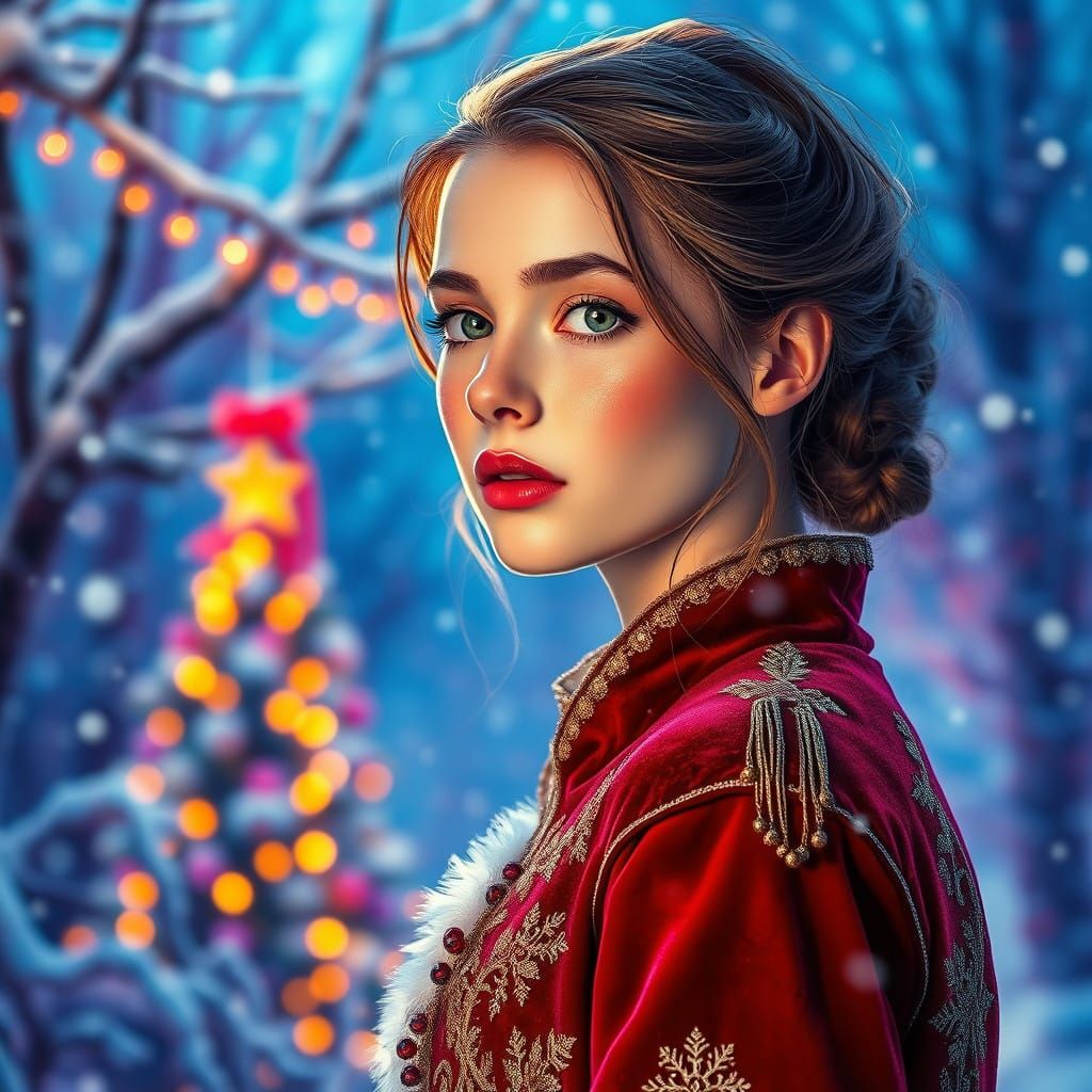 Young Woman in Rich Embroidered Velvet Coat Amidst Winter Wo...