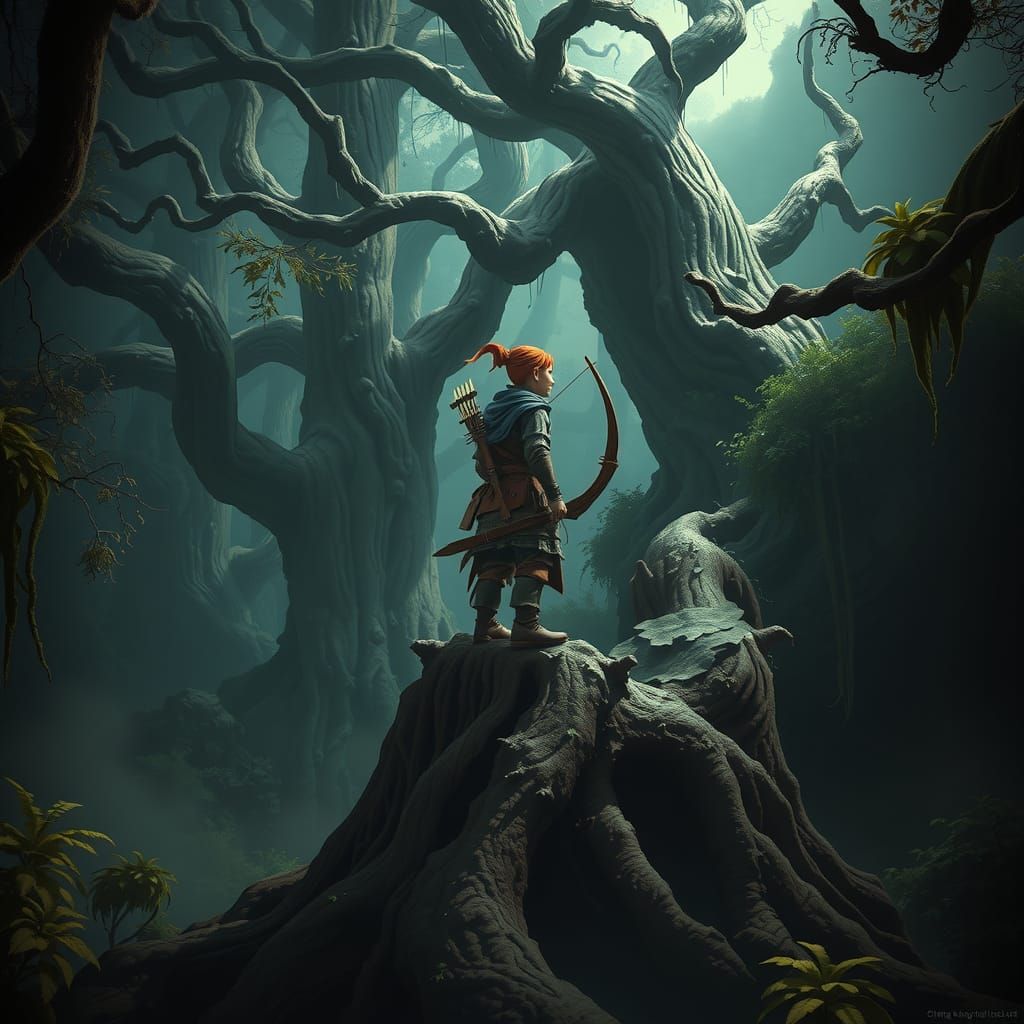 Gnome Ranger in Dark Forest, a Dark Fantasy Concept Art