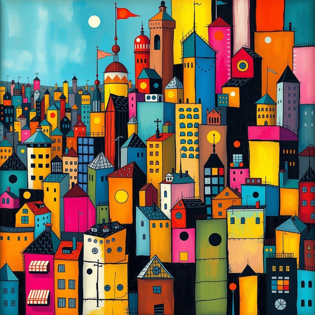 Vibrant Abstract Cityscape in Art Brut Style