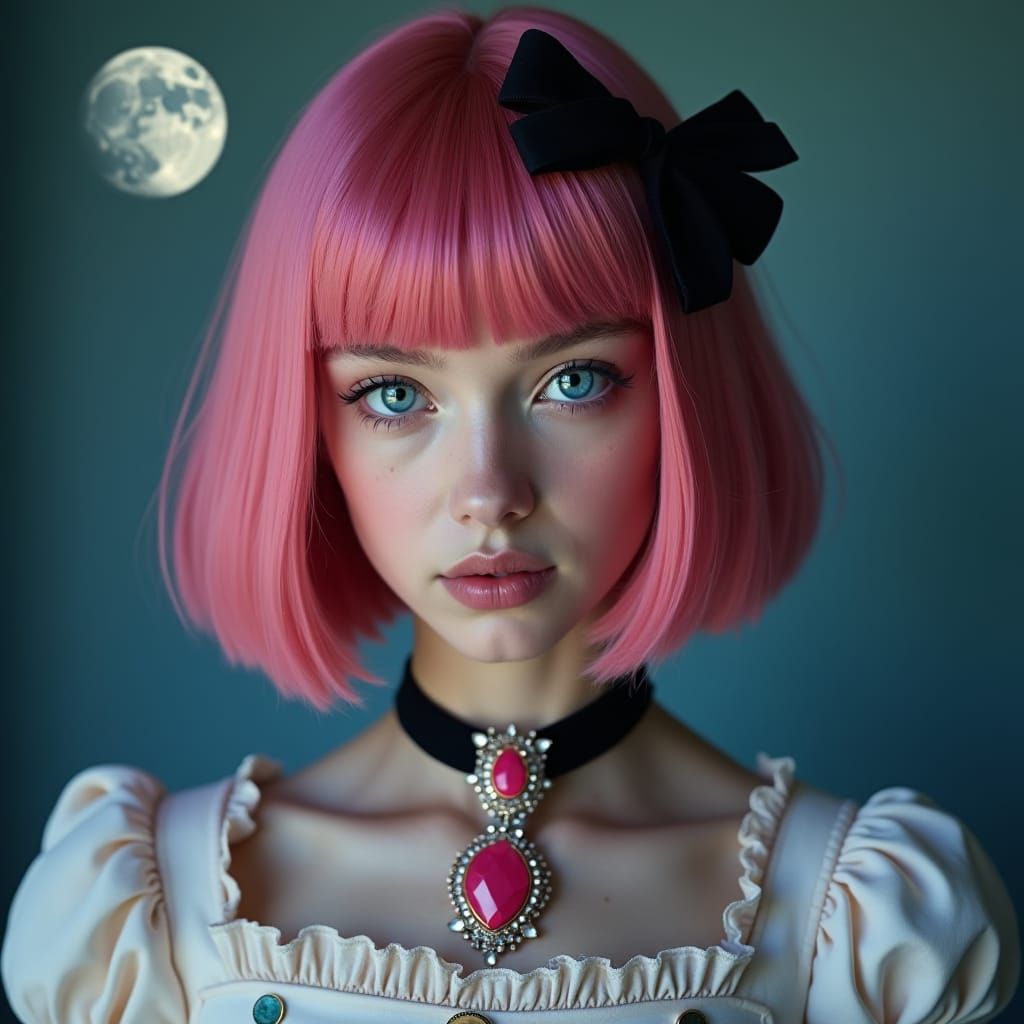 Victorian Woman with Pink Hair and Heterochromatic Eyes