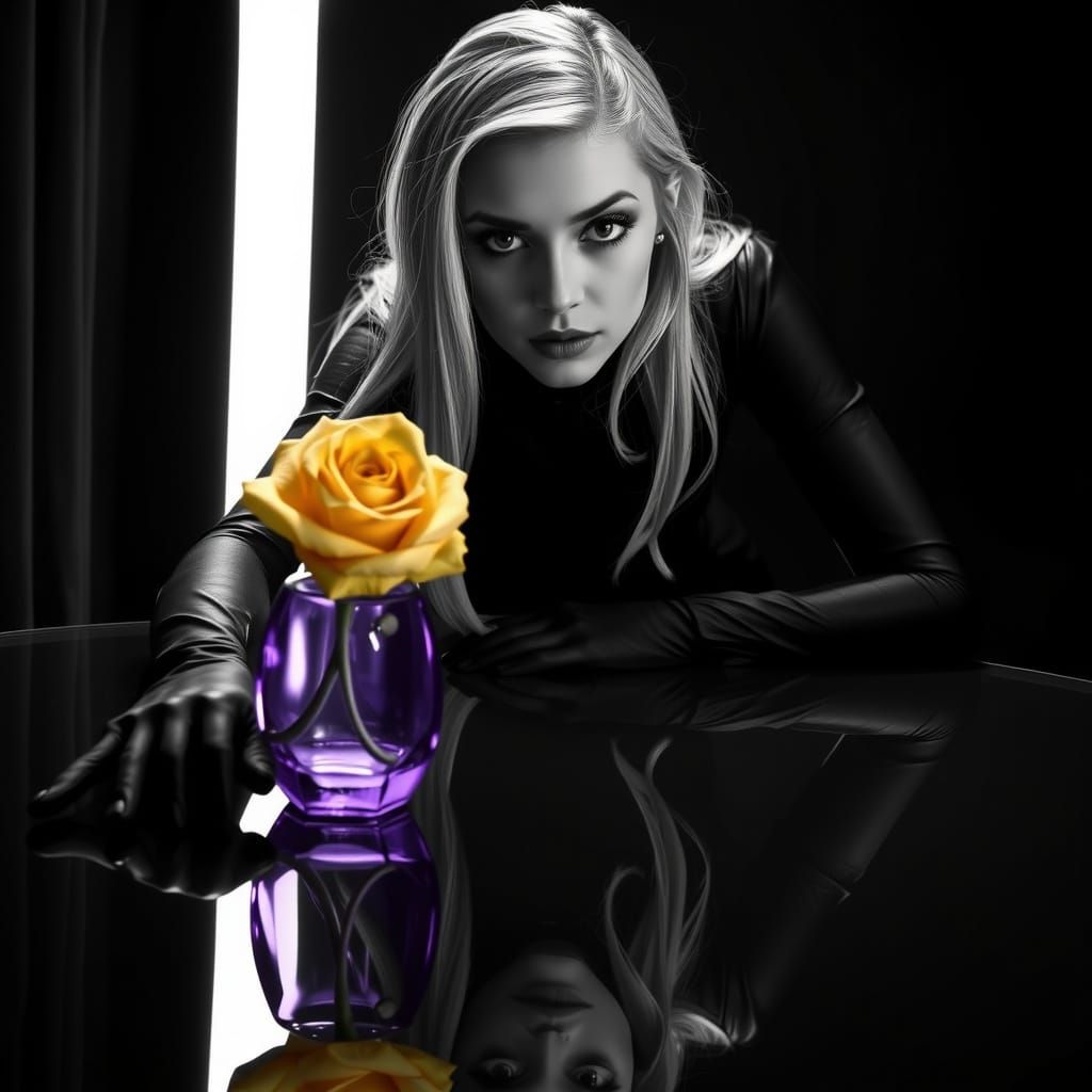 Cinematic Portrait of Woman in Leather Gown with Yellow Rose