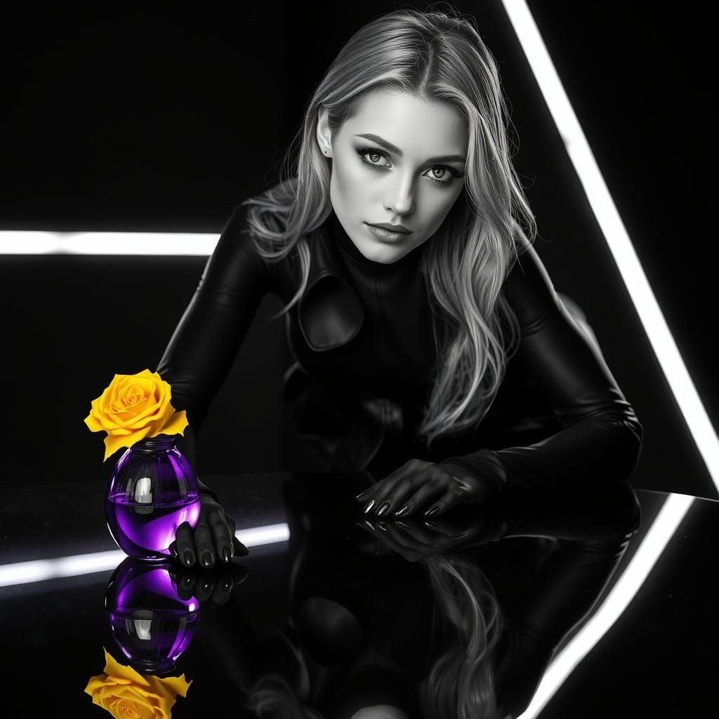 Monochrome Portrait of Woman with Yellow Rose