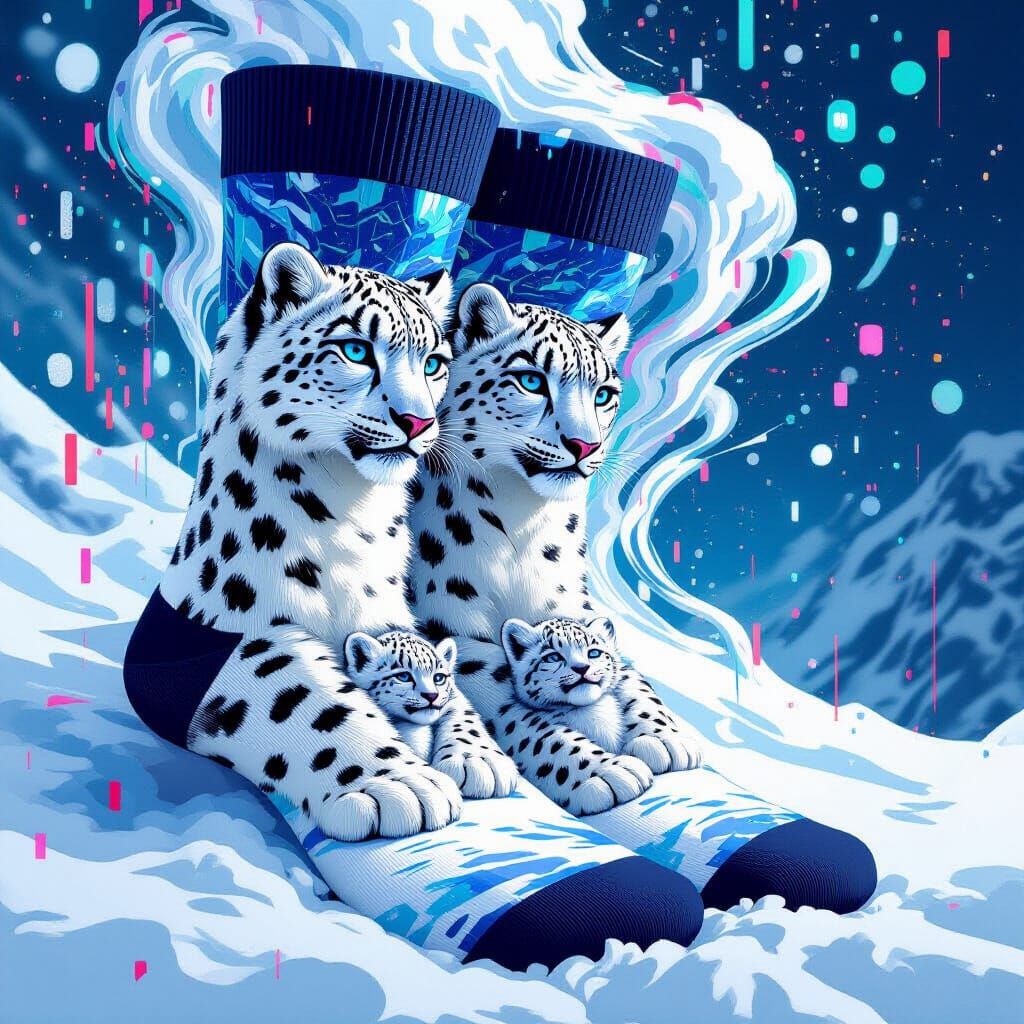 Snow Leopard Glitchcore Socks with Digital Distortion