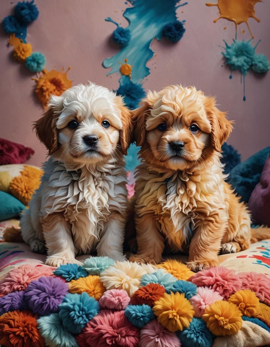 Colorful Fluffy Puppies on a Pillow, Hyperrealistic Art