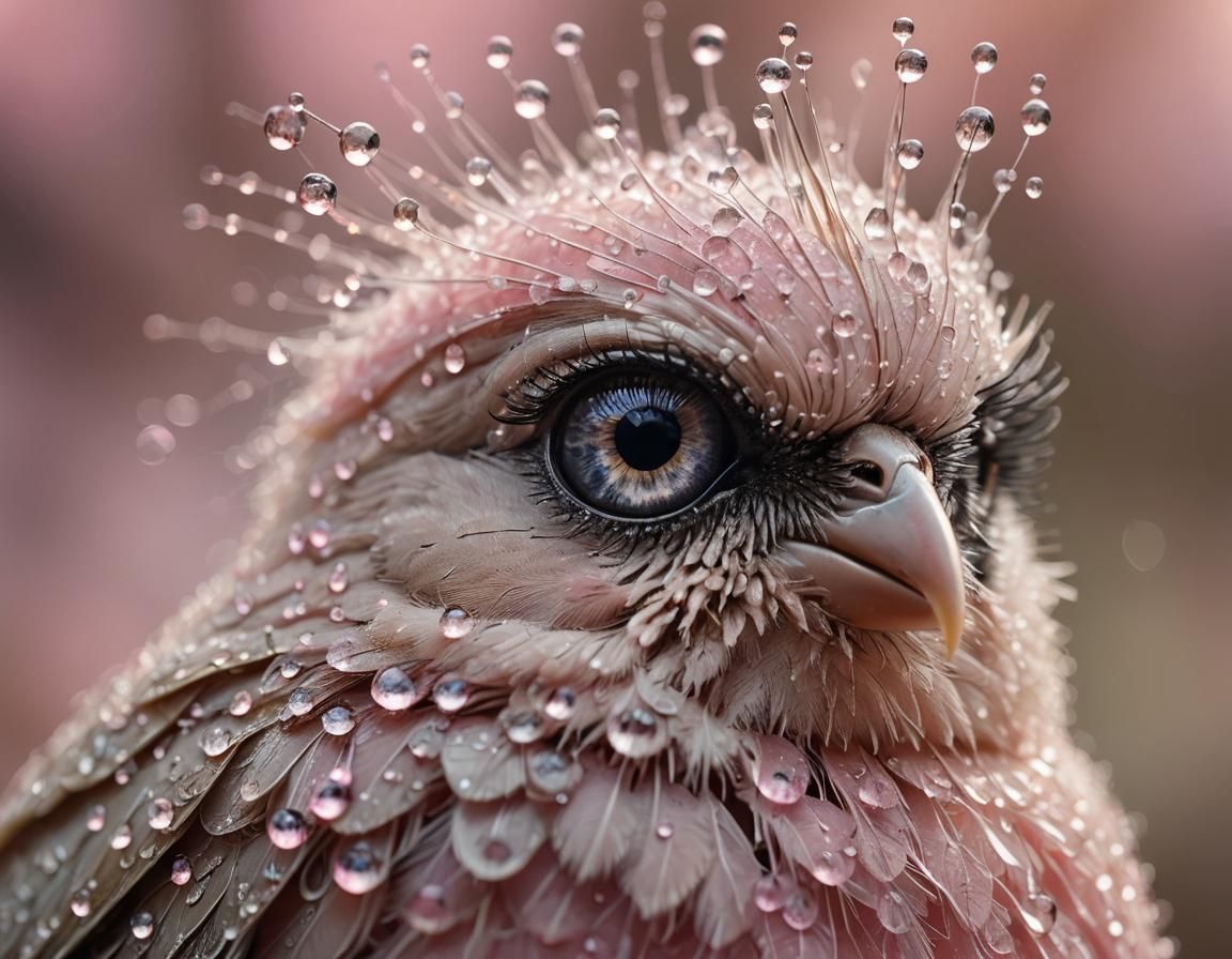 Bird with Dew Drops: Macro Photograph in Ethereal Light