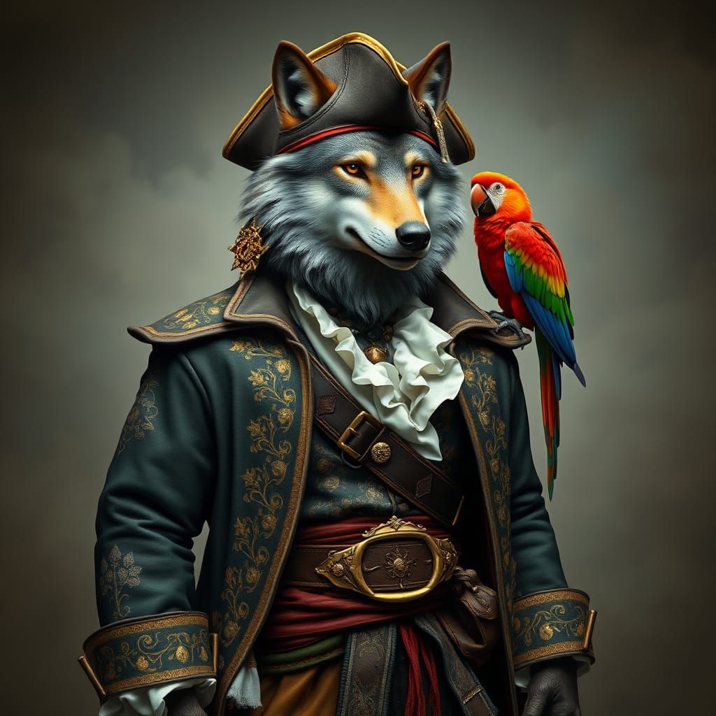 Wolf Pirate with Parrot in Photorealistic 8K Style