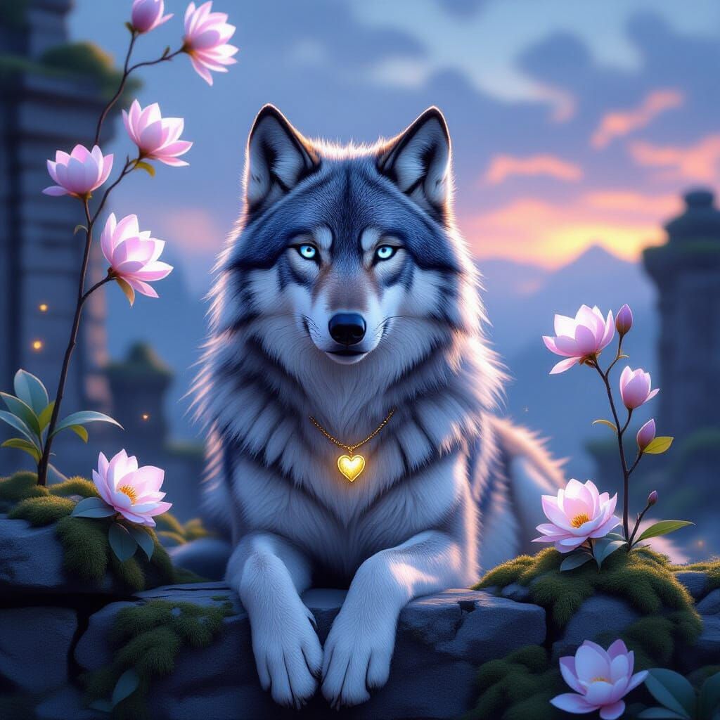 Serene Wolf with Sapphire Eyes on Ancient Ruins in Twilight