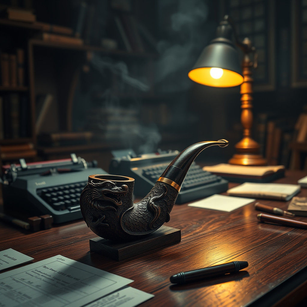 Dragon Carved Pipe on Desk in Film Noir Style