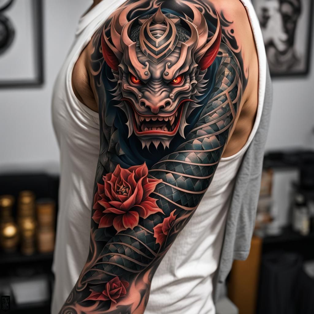Oni Mask Arm Tattoo in Hyperdetailed Style
