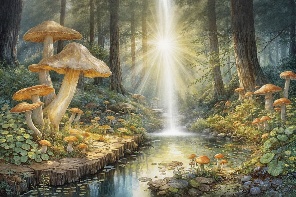 Enchanted Forest with Bioluminescent Mushrooms in Watercolor