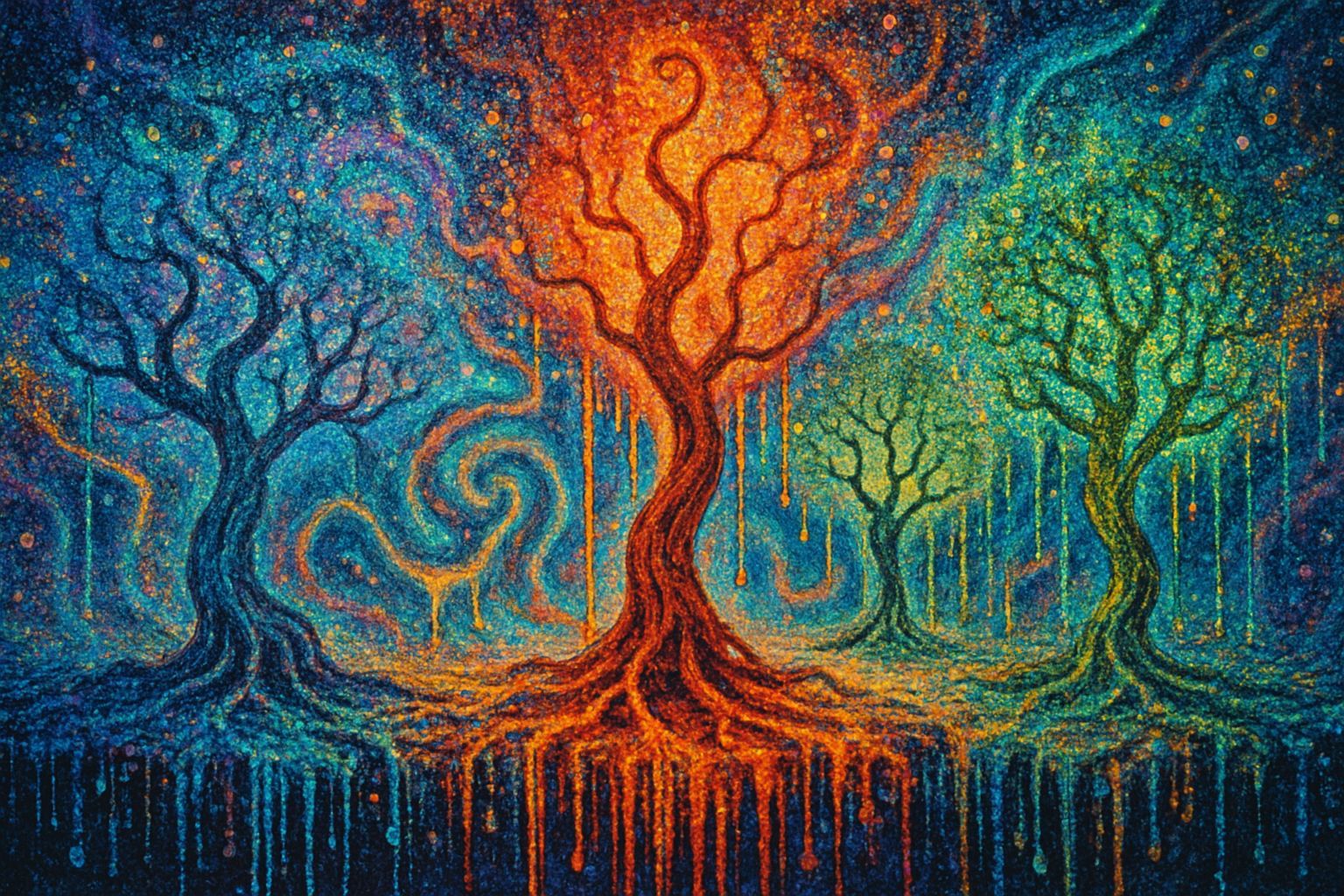 Surreal Trees in Pointillism With Dripping Effects