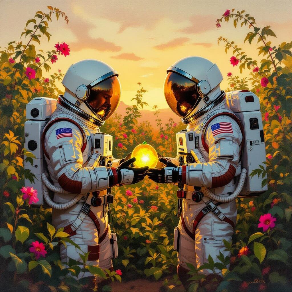 Astronaut in Martian Garden: Alla Prima Oil Painting
