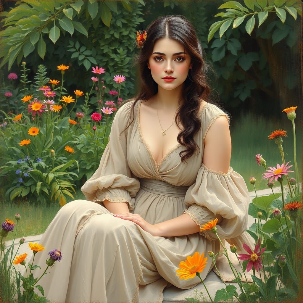 Neo Classic Woman in a Garden with Vibrant Wildflowers