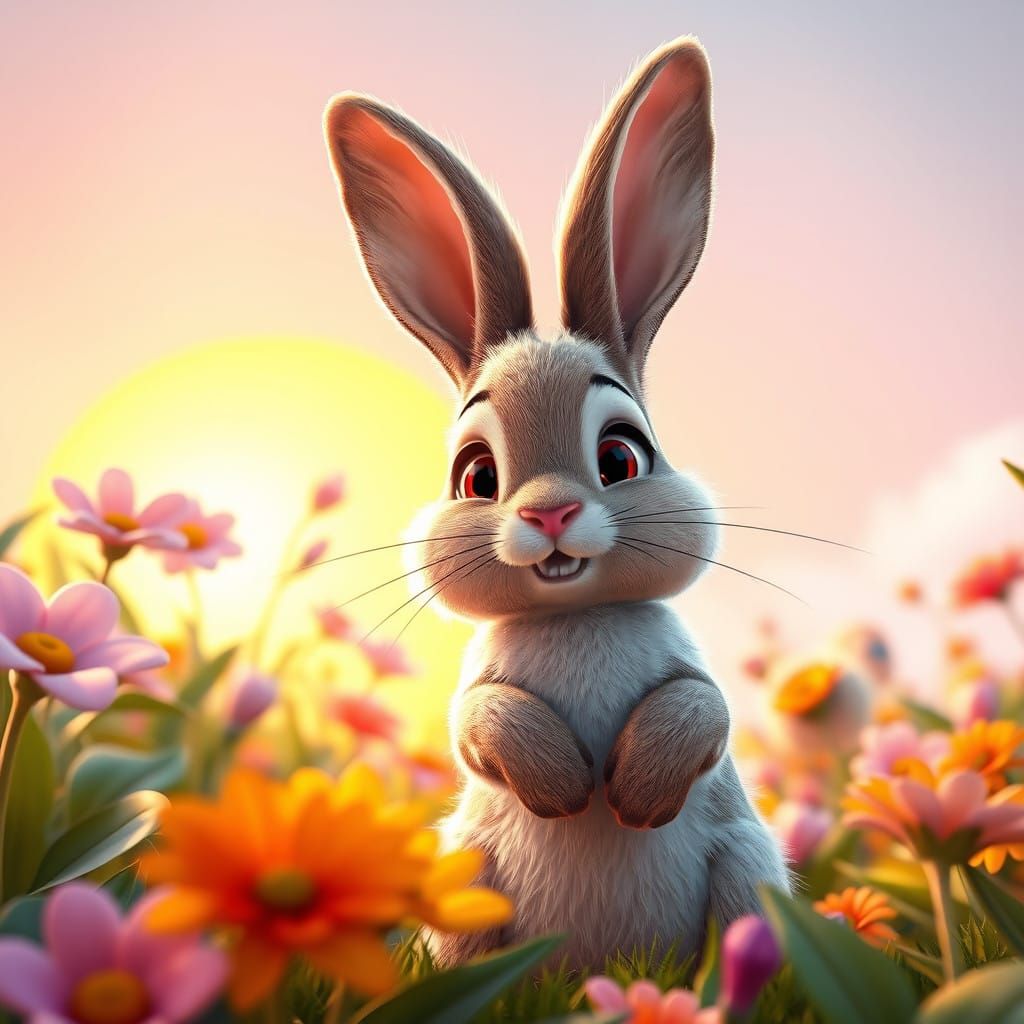Vibrant Rabbit in Whimsical Garden Sunset